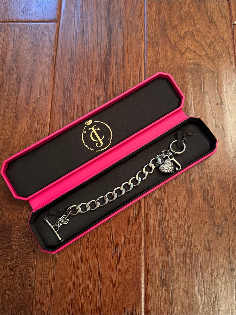 Juicy Couture Silver Curb Chain Bracelet with Pave Heart Charm